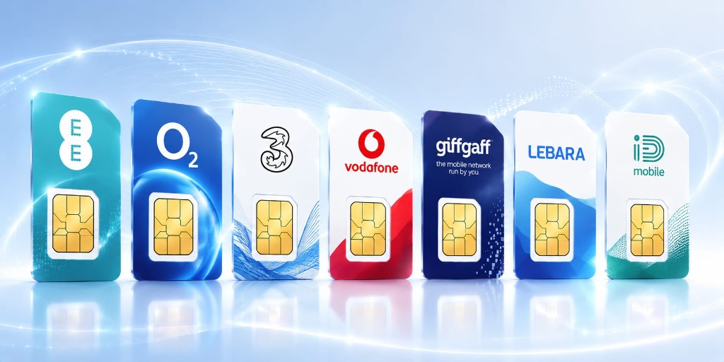 Row of UK network provider SIM cards — EE, O2, Three, Vodafone, giffgaff, Lebara and iD mobile
